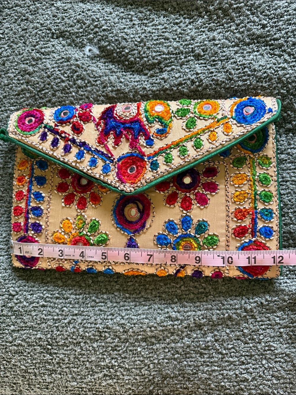 Colorful Embroidered Elephant Floral Clutch with Green Beaded Strap - Picture 5 of 7